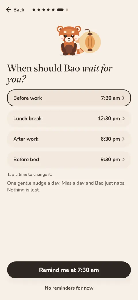 Zenbo reminder picker: 'When should Bao wait for you?' with times before work, lunch, after work, before bed